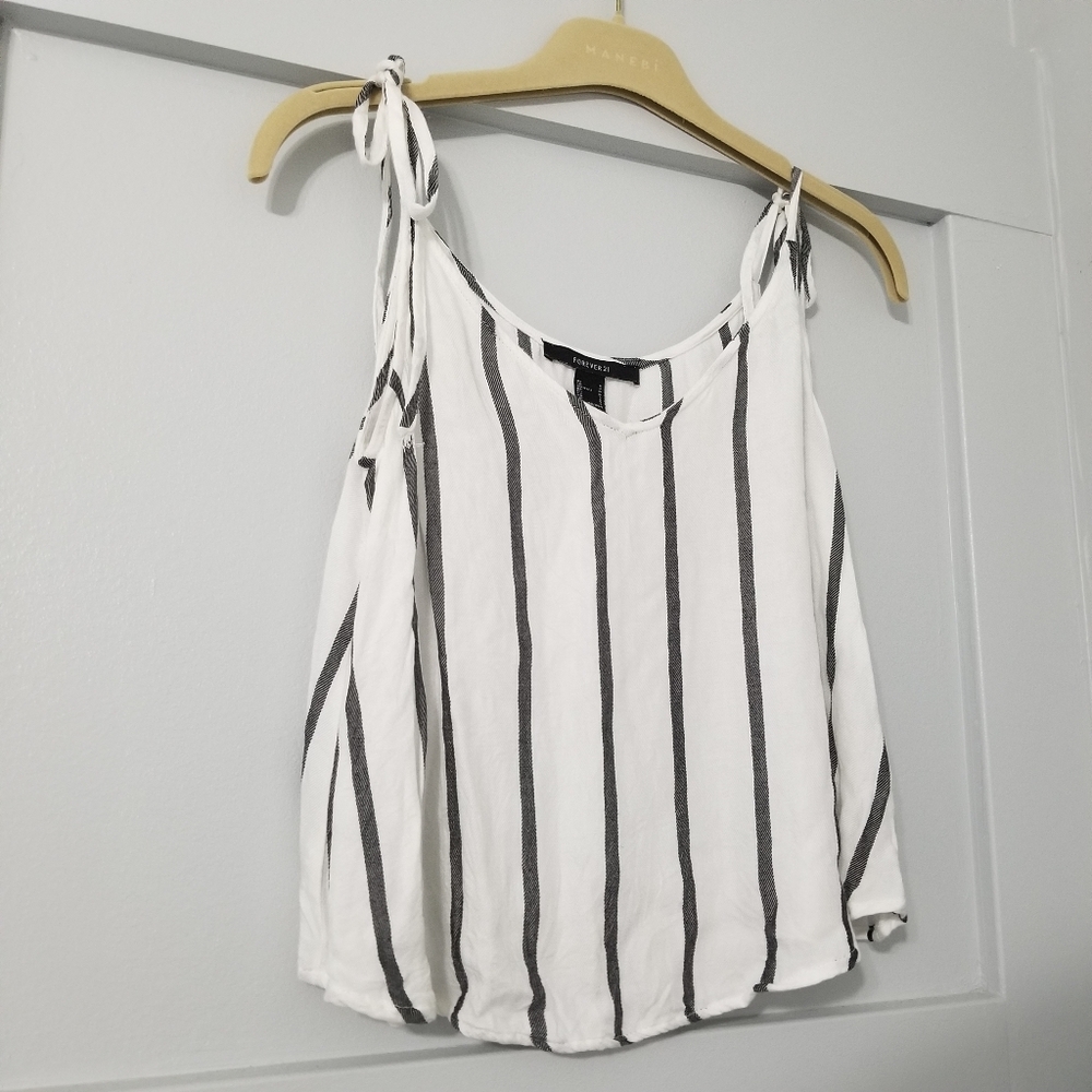 Tie Sleeve Striped Cami - White/Navy Stripe (S) - FOREVER 21